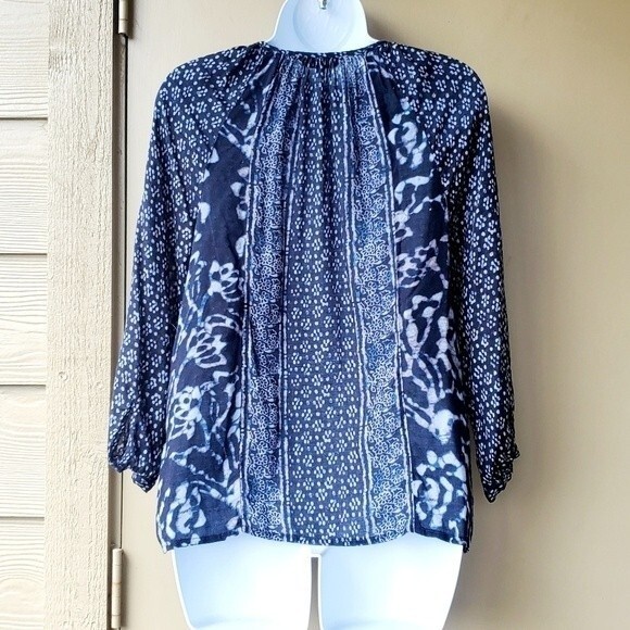 Womens Lucky Brand Boho Floral Navy Blue Blouse size large - Picture 6 of 12